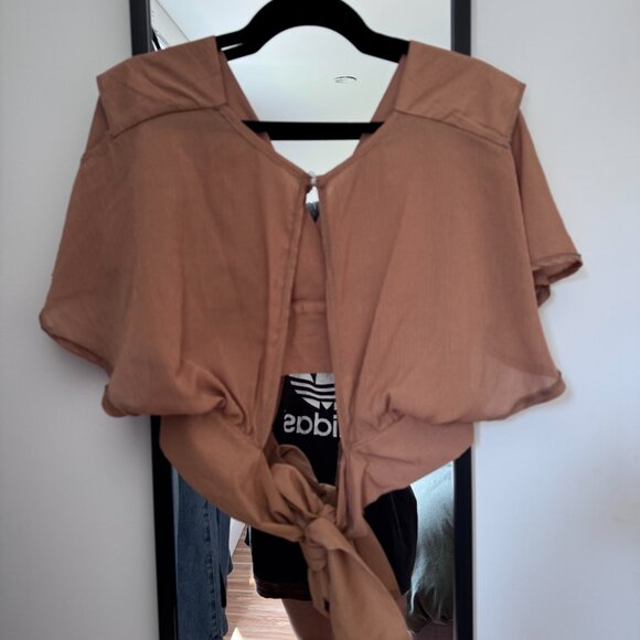 Summer Chiffon Blouse Wrap Front V Neck Bow Tied Back Khaki Color - Picture 3 of 3